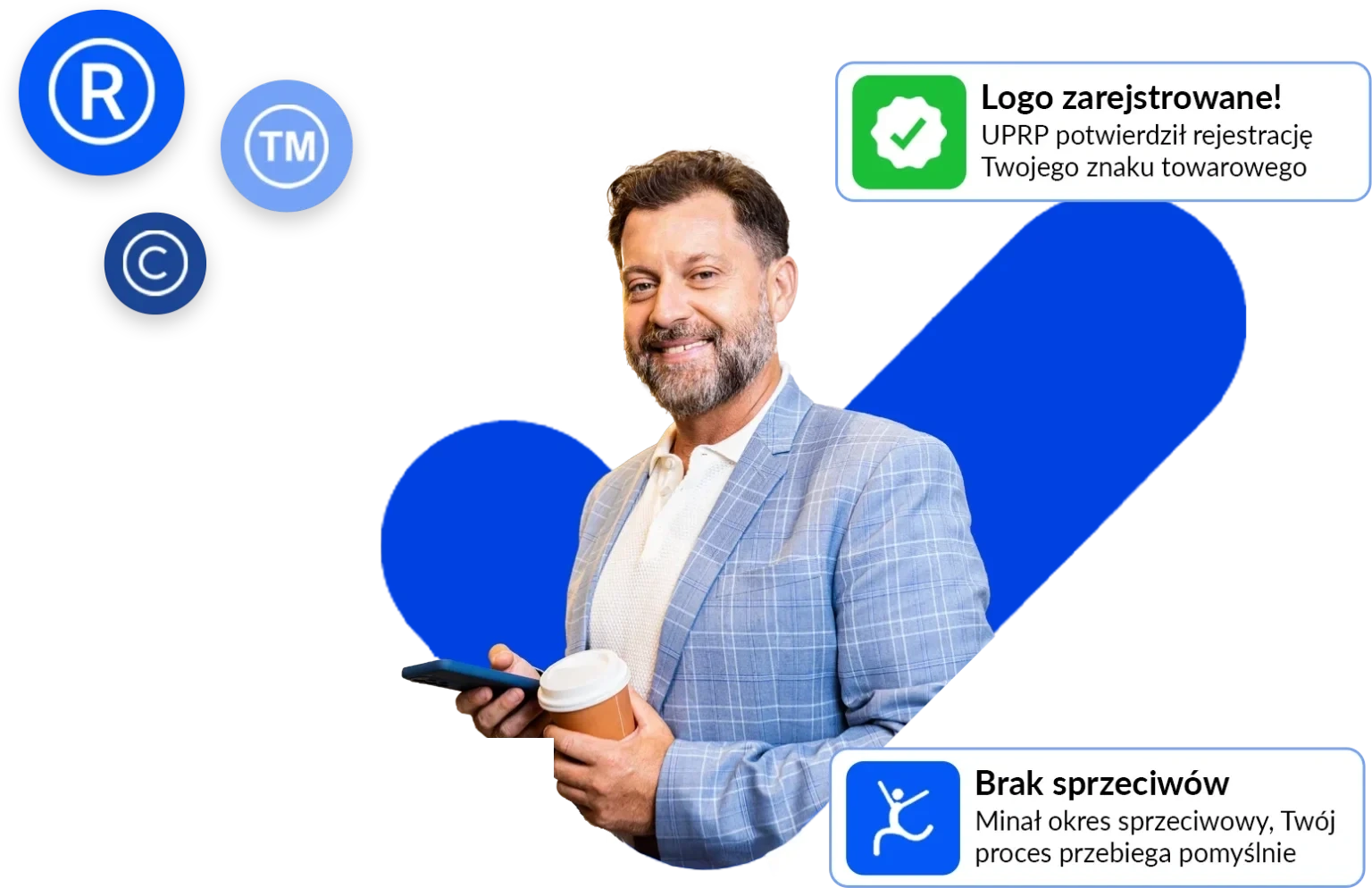 Uśmiechnięty właściciel firmy z telefonem i kawą, obok powiadomienia „Logo zarejestrowane!” i „Brak sprzeciwów”